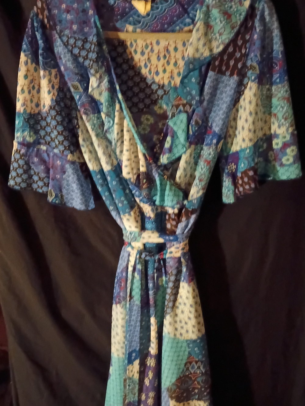 Blue Patchwork Maxi Wrap Dress with Tie Waist